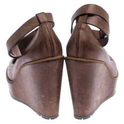 Pre Owned Brunello Cucinelli Brown Textured Leather Ankle Strap Platform Wedge Pumps Size 38