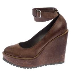 Pre Owned Brunello Cucinelli Brown Textured Leather Ankle Strap Platform Wedge Pumps Size 38