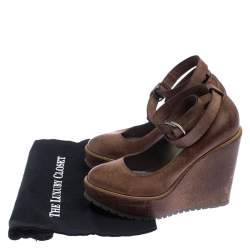 Pre Owned Brunello Cucinelli Brown Textured Leather Ankle Strap Platform Wedge Pumps Size 38