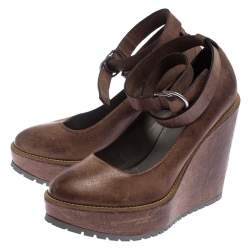 Pre Owned Brunello Cucinelli Brown Textured Leather Ankle Strap Platform Wedge Pumps Size 38