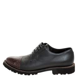 Pre Owned Brunello Cucinelli Dark Grey/Brown Leather Cap Toe Lace Oxfords Size 37