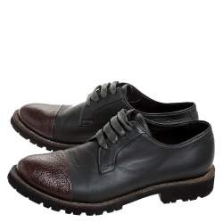 Pre Owned Brunello Cucinelli Dark Grey/Brown Leather Cap Toe Lace Oxfords Size 37