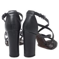 Brunello Cucinelli Metallic Grey Bead And Leather Strappy Sandals Size 36