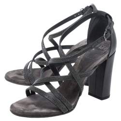Brunello Cucinelli Metallic Grey Bead And Leather Strappy Sandals Size 36