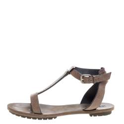 Pre Owned Brunello Cucinelli Light Brown Leather Bead Detail Flat Sandals Size 38