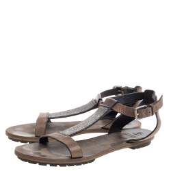Pre Owned Brunello Cucinelli Light Brown Leather Bead Detail Flat Sandals Size 38