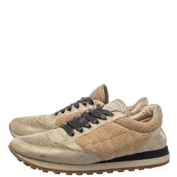 Pre Owned Brunello Cucinelli Metallic Gold Glitter Suede And Jute Beaded Accents Sneakers Size 38