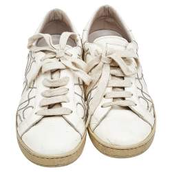 Pre Owned Brunello Cucinelli White Leather Embroidered Low Top Sneakers Size 38