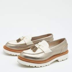Brunello Cucinelli Silver/White Leather Tassel Platform Slip On Loafers Size 36