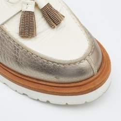 Brunello Cucinelli Silver/White Leather Tassel Platform Slip On Loafers Size 36