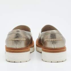 Brunello Cucinelli Silver/White Leather Tassel Platform Slip On Loafers Size 36