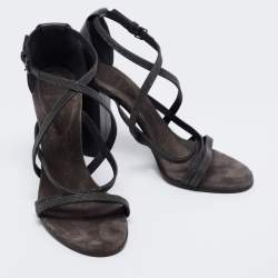 Brunello Cucinelli Grey Leather Embellished Cross Strap Block Heel Sandals Size 39