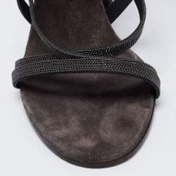 Brunello Cucinelli Grey Leather Embellished Cross Strap Block Heel Sandals Size 39