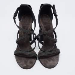 Brunello Cucinelli Grey Leather Embellished Cross Strap Block Heel Sandals Size 39