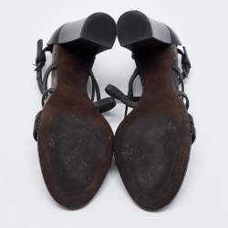 Brunello Cucinelli Grey Leather Embellished Cross Strap Block Heel Sandals Size 39
