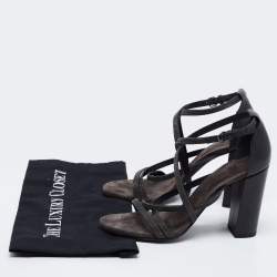 Brunello Cucinelli Grey Leather Embellished Cross Strap Block Heel Sandals Size 39