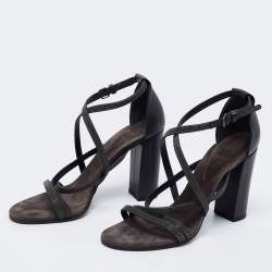 Brunello Cucinelli Grey Leather Embellished Cross Strap Block Heel Sandals Size 39