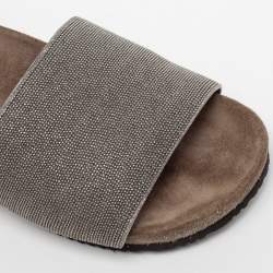 Brunello Cucinelli Metallic Grey Beads Monili Flat Slides Size 38