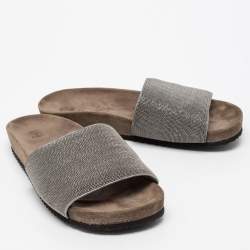 Brunello Cucinelli Metallic Grey Beads Monili Flat Slides Size 38