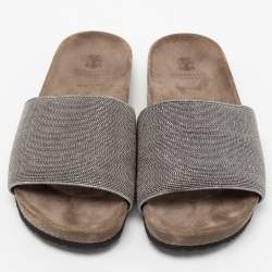 Brunello Cucinelli Metallic Grey Beads Monili Flat Slides Size 38