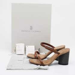 Brunello Cucinelli Brown Leather Beaded Block Heel Slide Sandals Size 37