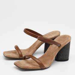Brunello Cucinelli Brown Leather Beaded Block Heel Slide Sandals Size 37