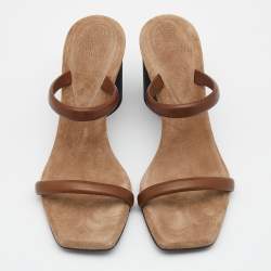 Brunello Cucinelli Brown Leather Beaded Block Heel Slide Sandals Size 37
