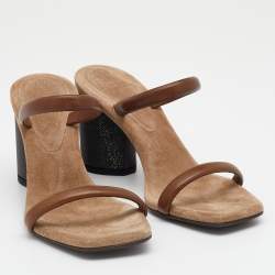Brunello Cucinelli Brown Leather Beaded Block Heel Slide Sandals Size 37