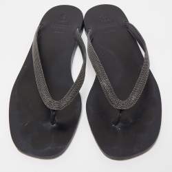 Brunello Cucinelli Black Glitter Monili Thong Slide Flat Size 40