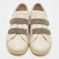 Brunello Cucinelli Cream Leather Velcro Strap Low Top Sneakers Size 37