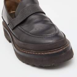 Pre Owned Brunello Cucinelli Dark Brown Leather Bead Embellished Loafers Size 40