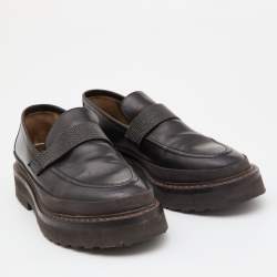 Pre Owned Brunello Cucinelli Dark Brown Leather Bead Embellished Loafers Size 40