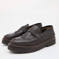 Pre Owned Brunello Cucinelli Dark Brown Leather Bead Embellished Loafers Size 40