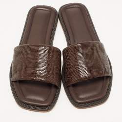 Pre Owned Brunello Cucinelli Brown Textured Leather Monili Trim Flat Slides Size 38