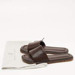 Pre Owned Brunello Cucinelli Brown Textured Leather Monili Trim Flat Slides Size 38