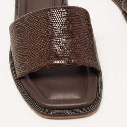 Pre Owned Brunello Cucinelli Brown Textured Leather Monili Trim Flat Slides Size 38