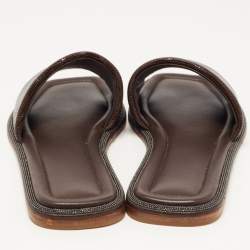 Pre Owned Brunello Cucinelli Brown Textured Leather Monili Trim Flat Slides Size 38