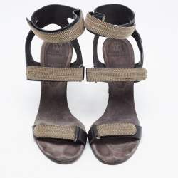 Brunello Cucinelli Black Leather Embellished Ankle Strap Sandals Size 38