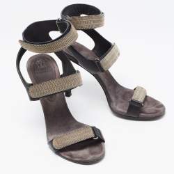 Brunello Cucinelli Black Leather Embellished Ankle Strap Sandals Size 38
