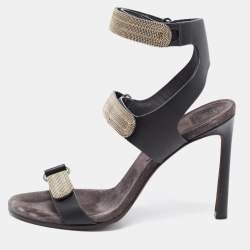 Brunello Cucinelli Black Leather Embellished Ankle Strap Sandals Size 38