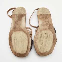 Pre Owned Brunello Cucinelli Brown/Black Leather And Glitter Crossover Ankle Strap Flat Sandals Size 37