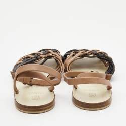 Pre Owned Brunello Cucinelli Brown/Black Leather And Glitter Crossover Ankle Strap Flat Sandals Size 37