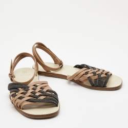 Pre Owned Brunello Cucinelli Brown/Black Leather And Glitter Crossover Ankle Strap Flat Sandals Size 37