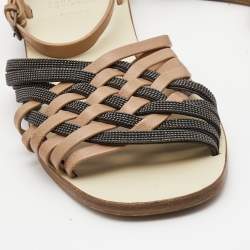 Pre Owned Brunello Cucinelli Brown/Black Leather And Glitter Crossover Ankle Strap Flat Sandals Size 37