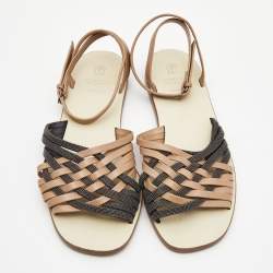 Pre Owned Brunello Cucinelli Brown/Black Leather And Glitter Crossover Ankle Strap Flat Sandals Size 37