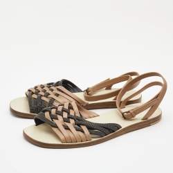 Pre Owned Brunello Cucinelli Brown/Black Leather And Glitter Crossover Ankle Strap Flat Sandals Size 37