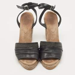 Brunello Cucinelli Black Leather Ankle Strap Wedge Sandals Size 40