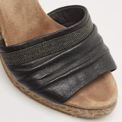 Brunello Cucinelli Black Leather Ankle Strap Wedge Sandals Size 40