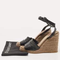 Brunello Cucinelli Black Leather Ankle Strap Wedge Sandals Size 40