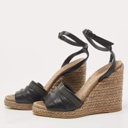 Brunello Cucinelli Black Leather Ankle Strap Wedge Sandals Size 40